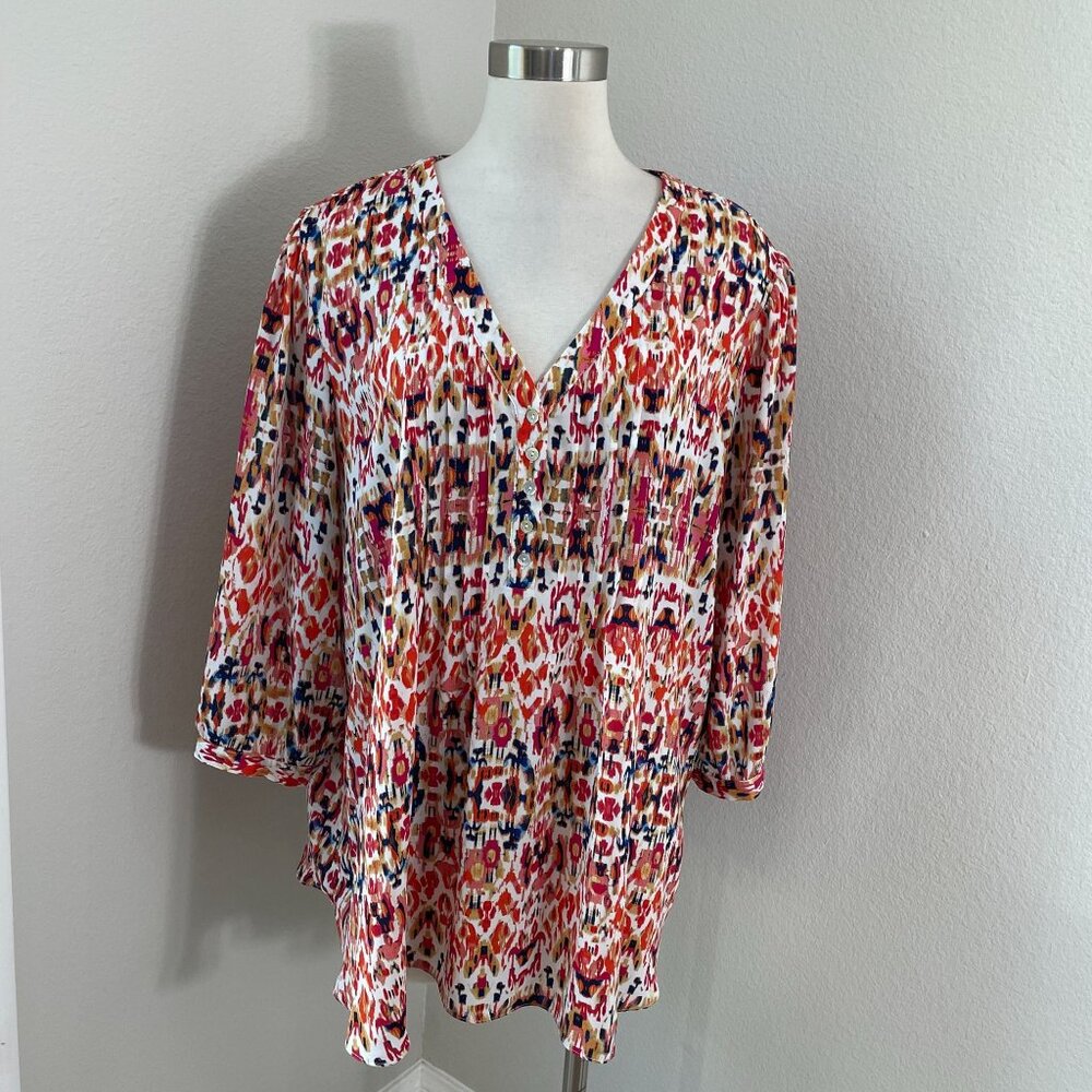 Rose+Olive Womens Plus 2X V Neck Tunic Top Button Front Blouse 3/4 Sleeve‎